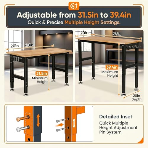 TLGREEN 48" Adjustable Workbench | Solid Rubberwood Top | 2000lbs Heavy-Duty Work Table | Pegboard, Hooks & Power Outlets | Garage, Workshop, Office