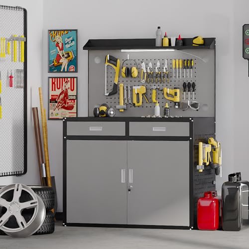 65" Heavy Duty Workbench with Drawers and Lockable Storage Cabinet- 2500 LBS Capacity Work Bench with Pegboard,Work Table with Adjustable LED Light for Garage,Workshop and Repair Shop