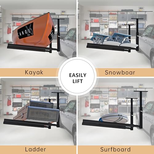 TRUSOON Adjustable Ladder Ceiling Rack, Kayak Overhead Garage Storage Rack, Garage Ceiling Storage for Kayak, Ladder, Surfboard, Snowboar Overhead Hanger, Holds 150 lbs, Black