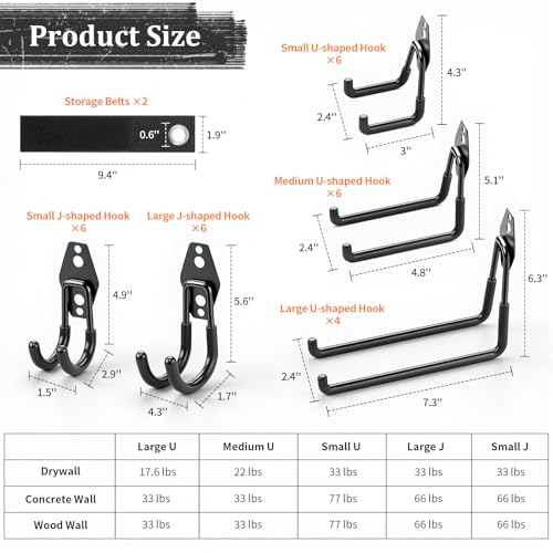 Housolution Steel Garage Hooks - 30Pack Anti-Slip Coating, Heavy Duty Wall Mount Hooks for Bikes, Garden Tools, Ladders, Hose, Bulk Items Ropes, Garage Tool Organizer with Extension Cord Wrap, Black