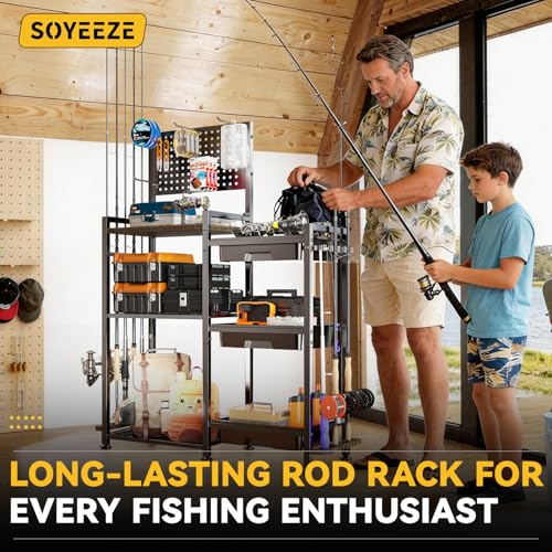 SOYEEZE Fishing Rod Holders for Garage, 3 Storage Boxes for Reels & Fishing Accessories, 10 Rod Capacity Fishing Pole Holder with Pegboard, and 3-Tier Shelf for Tackle Box, Fishing Gear Organizer
