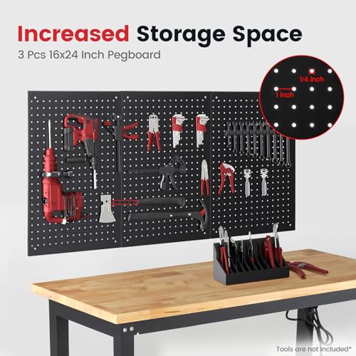 ENJOYWOOD 48 Inch Work Table for Garage Adjustable Height Rubber Wood Tabletop Workbench with Storage Work Bench Table with Power Outlets Pegboard Pad for Woodworking Shop Home Office