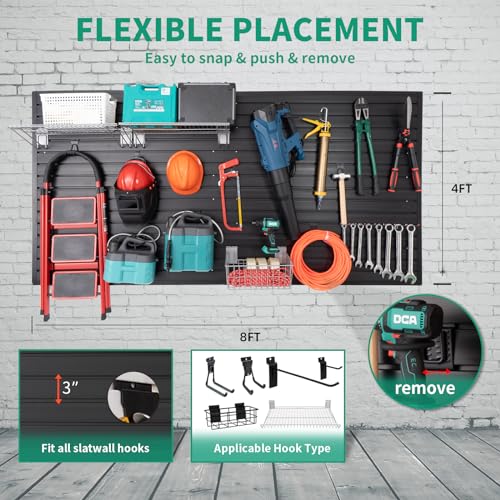 FRAYSCENT Slat Wall Paneling Garage Slat Wall Storage Systems Slatwall Panels Power Tool Organizer Wall Mount, PVC Garage Storage & Organization Products Slate Board (Black, 4ft x 8ft with 15 Hooks)