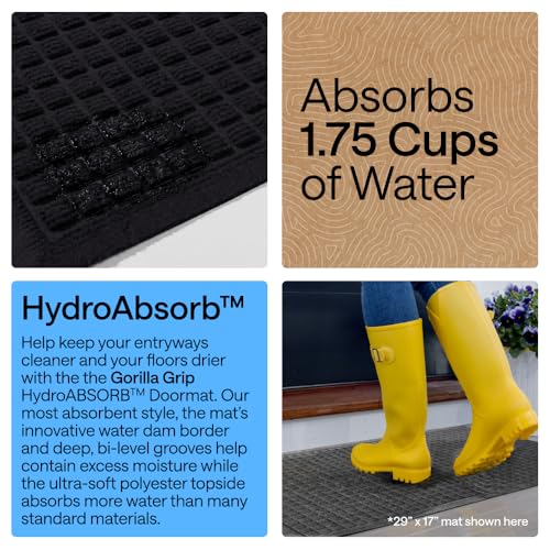 GORILLA GRIP® Ultra Absorbent Front Door Mat Outside Entrance, Traps Dirt and Moisture, HydroABSORB Indoor Outdoor Doormat Holds Up to 1.7 Cups Water, Stain and Fade Resistant Welcome Mat, 29x17 Black