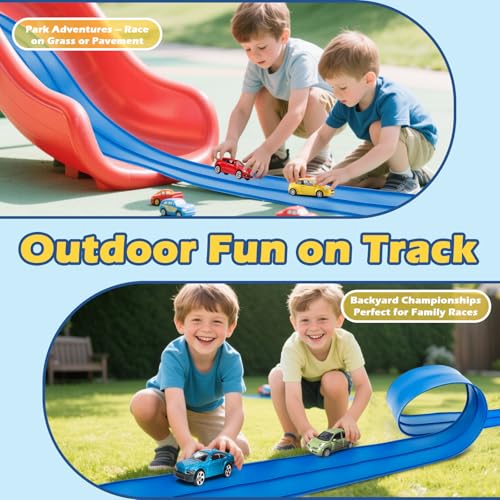 INKZOO Flex Tracks 15 Ft Starter Set Flexible Race Track for Kids 3+, Flexible Car Track Race Car Ramp Track Compatible with Diecast 1/64th Cars, Portable Rolls Up Race Tracks with Strong Suction Cups