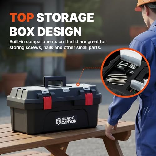 Black Canyon 17 Inch Plastic Tool Box, Support up to 44 lbs,Dual-Layer Design, Flexible for Stacking, Top-Lid Storage, Ideal for DIY, Workshop