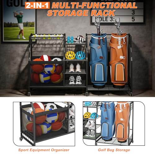 Ultrawall Sports Equipment Organizer with Wheels, Golf Bag Stand for Garage, Ball Storage Rack, Golf Bag Holder, Kids Toy Storage for Indoor/Outdoor