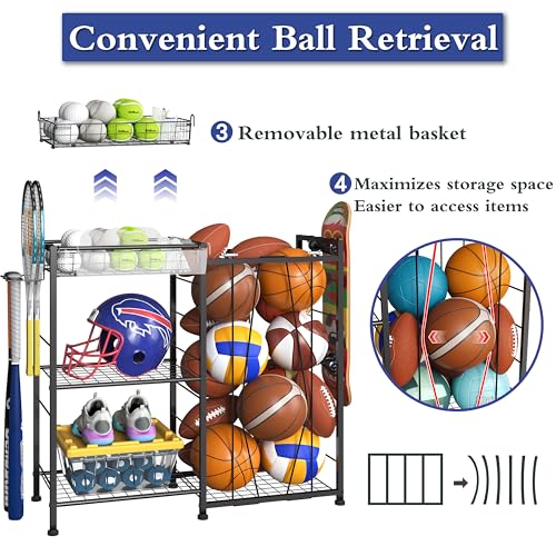 Sports Equipment Organizer, Ball Storage Rack with Elastic Straps and Removable Basket for Garage Organization, Garage Organizer with Hooks for Toy Sports Gear Storage, Sports Ball Storage Cart, Black