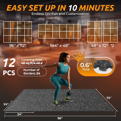 PRAISUN 0.6" Thicker Rubber Top Gym Flooring for Home Gym, 12 Pcs 48 Sq Ft Workout Mats, Exercise Mat, Interlocking Rubber Floor Mats with High Density EVA Foam for Garage, 24 x 24in, Black/Grey