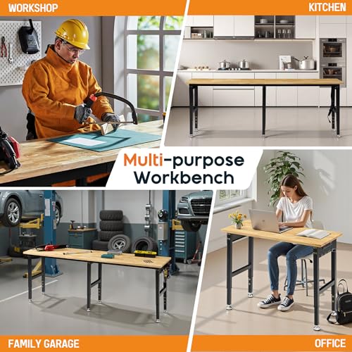 Albott 44x20 in Adjustable Workbench with Power Outlets, 2000 LBs Heavy Duty Wood Workbench with Hooks, Solid Rubber Wood Top for Garage, Workshop, Woodworking, Home Office