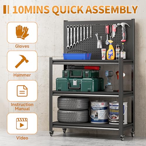 48" H Metal Garage Workbench with Pegboard,3-Tier Roling Tool Work Bench,Adjustable Heavy Duty Work Table on Wheels,Black Mobile Workstation for Garage Warehouse Workshop,Screwless Design