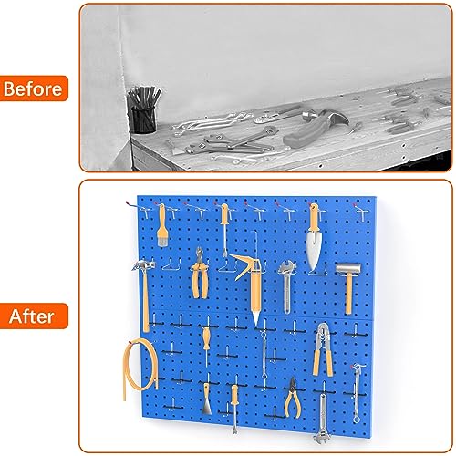 TORACK Metal Pegboard Wall Organizer 24" x 24" or 12" x 48", 70 PCS Tools Storage Pegboard for Garage Tool Organizer Pegboard with Peg Board Hooks for Workbench(Blue)