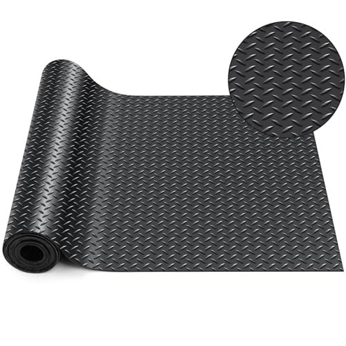 Breling 16 in x 20 ft Rubber Diamond Plate Rolls Garage Floor Mat for Under Car, Heavy Duty Flooring Rug for Trailers Garage, PVC Water/Stain Outside Stall Resistant Parking Rv Tool(Black)
