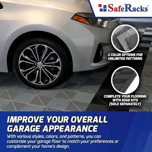 SafeRacks Ribbed Interlocking Garage Floor Tiles - Vented, Self-Draining, Non-Slip Flooring, Modular, Virgin Polypropylene, Ideal for Garages, Patios, Basements, Decks - Black - 82.56 sq ft - 48 Pack