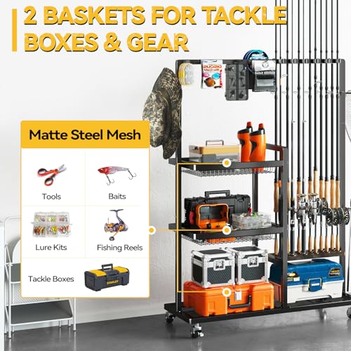 SOYEEZE Fishing Rod Holders for Garage, Fishing Pole Rack-360 Degree Rotating, Floor Stand Fishing Rod Storage Holds Up to 12 Rods, Space-Saving Pole Organizer with Unique Hook & Basket Design