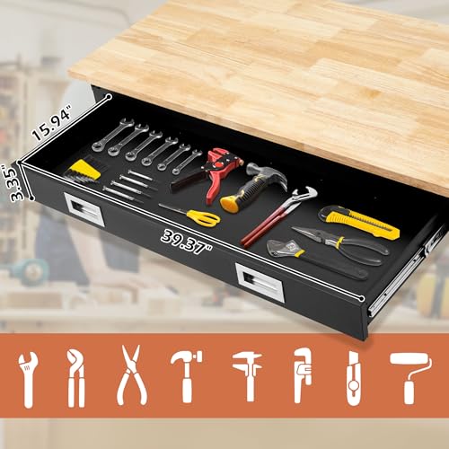 48” Adjustable Workbench with Drawer Storage, 2000 LBS Load Capacity Heavy Duty Workstation with Power Outlets, Rubber Wood Top Worktable for Garage, Office,Workshop, Commercial