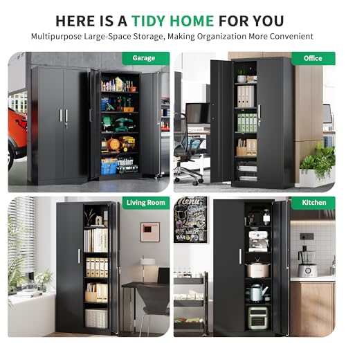 Tivostaral Metal Garage Storage Cabinet with Doors and Adjustable Shelves, 71" Tall Locker Organizer Steel Garage Cabinets, Lockable File Cabinet for Home, Office, Warehouse, Tools