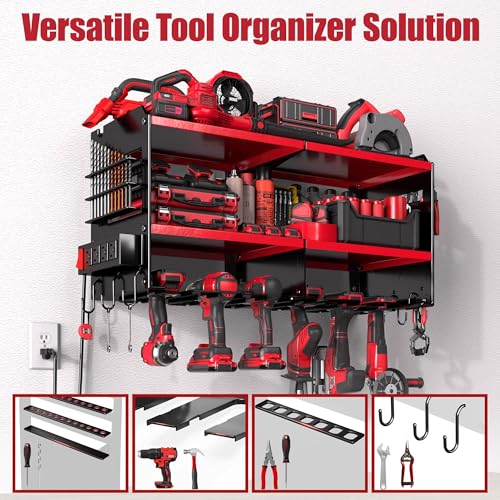 Spampur Fathers Day Gift – Power Tool Organizer Wall Mount with Charging Station, 420 lb Capacity 3-Tier Storage Rack Holds 6 Drills, Side Slots for Screwdrivers & Bits, Garage Storage for Men Gifts