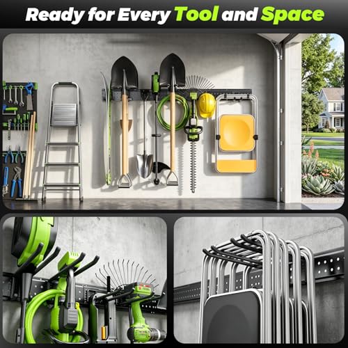 HOLDRAIS Garage Tool Organizer Wall Mount, 49.5 Inch Heavy Duty Garage Organization System with 10 Adjustable Hooks, Garden Tool Storage Rack for Garage, Yard & Shed, Holds Up to 400 lbs