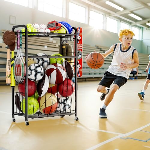 YIWANFW Garage Ball Storage Rack - Sports Equipment Organizer with Wheels, Rolling Sports Ball Cart with Elastic Rope, Outdoor Ball Holder for Basketball Soccer Volleyball Football, Garage Toy Storage