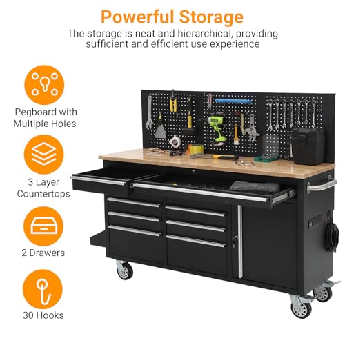 GAOMON 61-inch Rolling Tool Chest, 10 Drawers Garage Workbench Storage Tool Cabinet with Power Strip, Solid Rubber Wood Top, 1675 LBS Load Mobile Workstation, Heavy Duty Rolling Cabinet