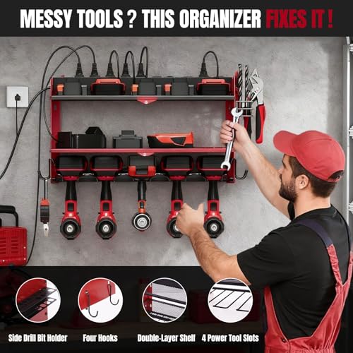 SecureElastic Modular Power Tool Organizer Wall Mount with Charging Station, 3-Layer Heavy Duty Drill Holder Rack & 8-Outlet Power Strip for Garage Workshop Storage