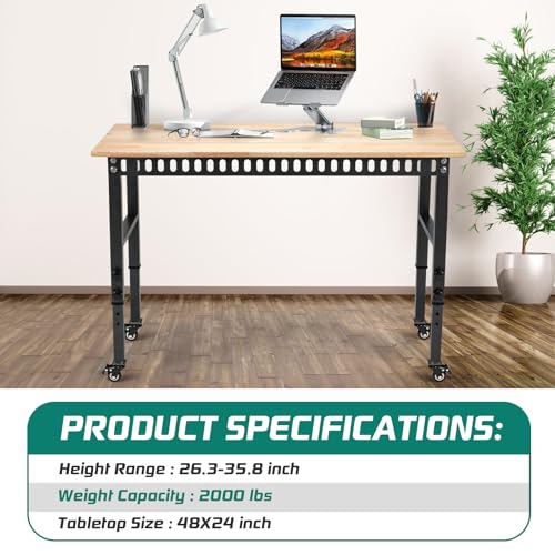 OLBRUS 48 "Adjustable Wheels Workbench, Heavy Duty 2000 LBS Load Capacity Hardwood Workbench Suitable for Workshop, Office, Garage, Home (Metal Wheels丨No Power Outlets 48"x24")