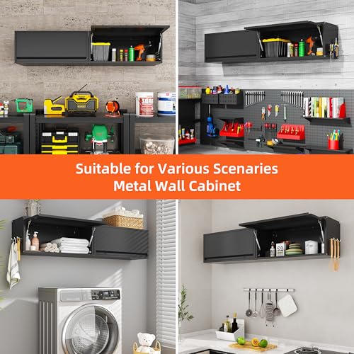 Yoonkool Metal Garage Wall Cabinet, Floating Garage Tool Cabinets with Up-Flip Door,13.8''H Hanging Wall Mounted Storage Cabinet for Garage, Warehouse, Kitchen, Bathroom, Workshop, RV, Black