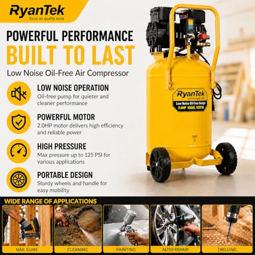15-Gallon Air Compressor,2HP,Vertical Tank, 4.5CFM@90PSI,Quiet 66dB Twin Cylinder, Oil-Free, for Inflation, Nail Guns,Auto Repair, Painting, Woodworking and Home Use(Maximum Pressure 125 PSI)
