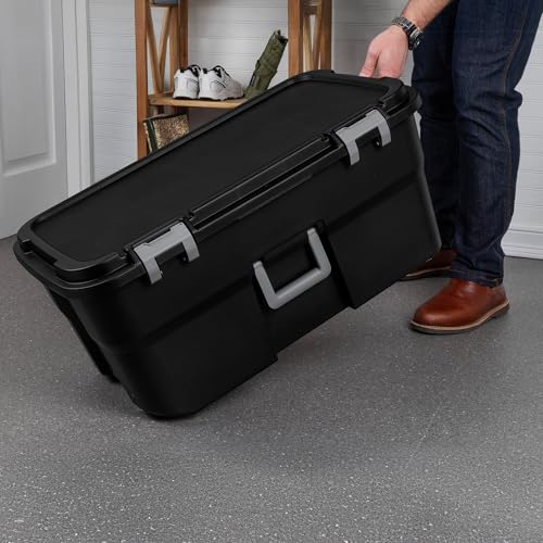 Sterilite 3 Pack Wheeled Footlocker, 22 Gallon Plastic Storage Container with Latching Lid and Handles, Black - Large Stackable Bin Home Organizer