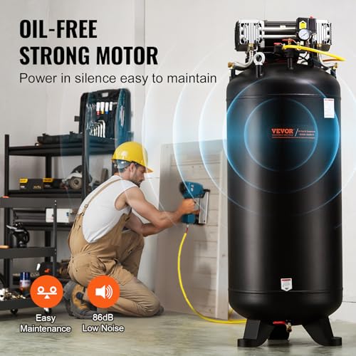VEVOR 80 Gallon Air Compressor, 145PSI Oil Free Stationary Compressor Tank, 6.5HP 15.5SCFM@90 PSI, Quiet Compressor for Industrial Manufacturing, Workshops (220V/60Hz Single-Phase Power)