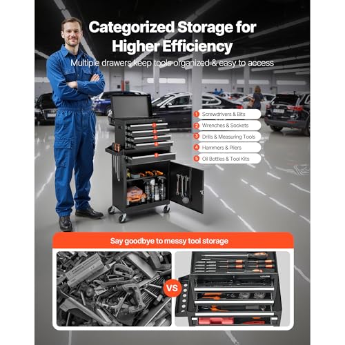 VEVOR Rolling Tool Chest, 2-in-1 Design, 5 Drawers Tool Cabinet Organizer with Detachable Top Metal Toolbox, Lock Bar, Protective Liner, and Tools Rack, Garage Storage Cabinet for Warehouse, Workshop