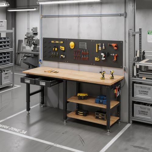 SPECRAFT 72" 2-Tier Heavy Duty Work Bench with Drawer & Pegboard, Workbench with Storage, Adjustable Height – 5200 LBS Capacity, Power Outlets, for Garage, Workshop & Home Use