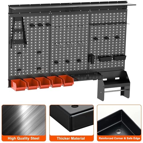 TORACK Metal Pegboard Wall Organizer 4ft Wide, Tool Storage Pegboard System for Garage with Accessories, Wall Mount Storage Bins, Shelves, Peg board Tool Organizer Kit for Workbench(Black)