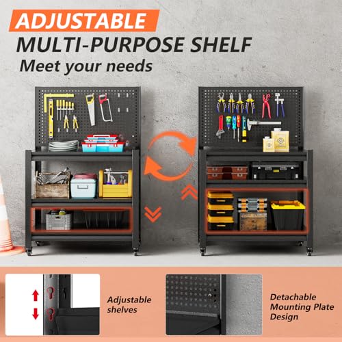 Jaqiumn Workbench with Pegboard, Adjustable Shelving Work Table, Mobile Workstation with Lockable Wheels for Garage Warehouse Workshop Office, 47.2" H x 33.5" W x 18" D, Black