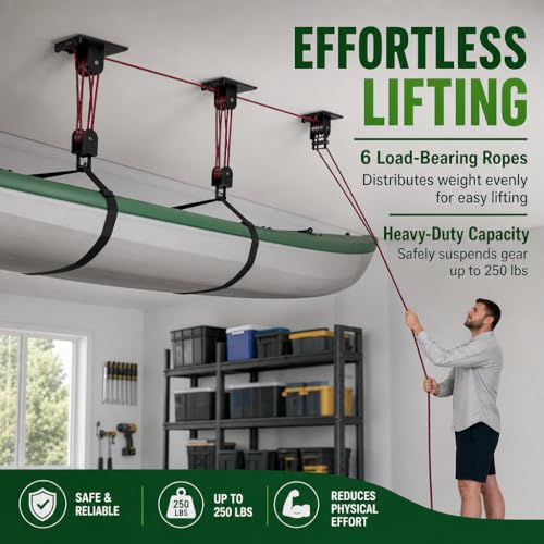 TRUSOON 2026 Heavy Duty Elite Canoe Hoist for Garage Ceiling, Kayak Storage Lift Pulley System with Safety Straps for Rooftop Tent, Holds up to 250 lbs Capacity, Fits 10-18 Foot Ceilings, Black