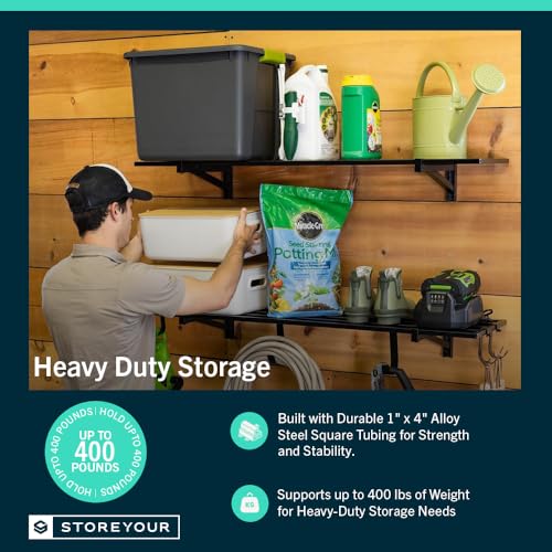 StoreYourBoard Garage Shelving Wall Mounted | 1x4 Heavy Duty Garage Wall Shelves 2-Pack, 12” Deep x 46.5” Long | Steel Wall Shelf Garage Storage Rack with Hooks, 200 lb Each / 400 lb Total, Black