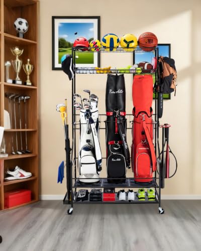 FHXZH Golf Bags Storage Garage Organizer - Stand for 3 Golf Bags, Clubs, and Equipment Accessories with Wheels
