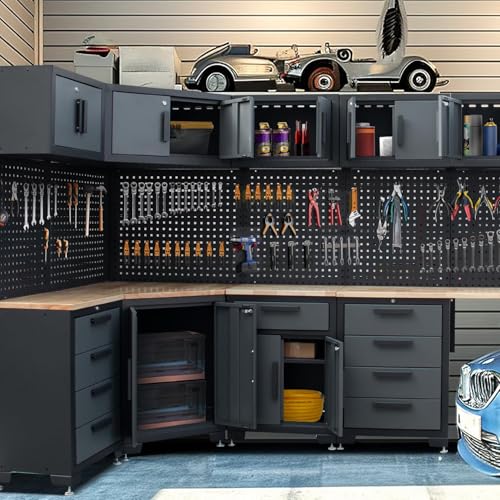 Tsnritor 15PCS Corner Garage Storage Cabinet System, Heavy Duty Workshop Set, Corner Cabinet Includes Workbench, Pegboard & Lockable Drawers Metal Tool Organization System for Garage Workshop