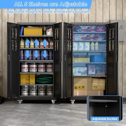 Aobabo Upgraded Garage Storage Cabinets with Wheels,Metal Storage Cabinets with 5 Adjustable Shelves for Garage Home Office Storage, Black,71''H*34''W*18''D,Assembly Required