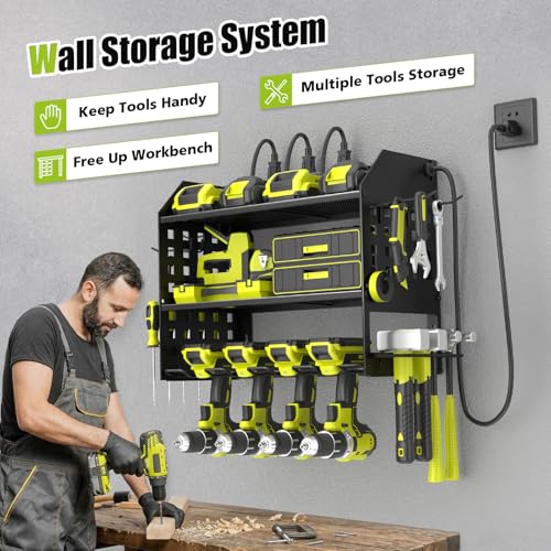 SUNALLY Power Tool Organizer Wall Mount with Charging Station,3 Layer Heavy Duty Metal Tool Storage Rack with 4 Drill Holders, Power Tool Shelf for Garage, Warehouse, Workshop, Gifts for Men, Husband