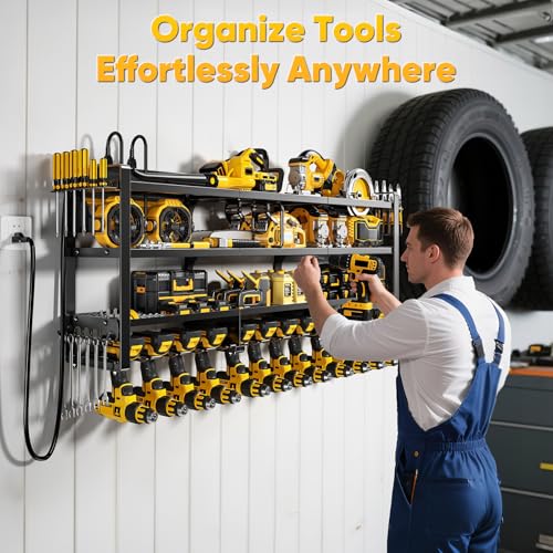 POKIPO 49.5" W Large Power Tool Organizer Wall Mount with Charging Station, 4 Tier Heavy Duty 12 Cordless Drills Holder Load 800 lb, Tool Battery Storage Rack Built in 8 Outlet Power Strip for Garage