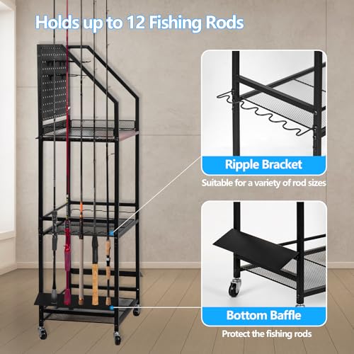 Fishing Rod Holder for Garage Organization, Fishing Rod Rack, Fishing Gear Storage up to 12 Rods with Pegboard & Hooks, Heavy Duty Fishing Cart with Wheels for Fishing Storage,Tackle Box (Large)