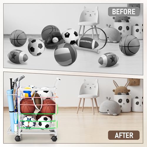 DUDUXI Sports Equipment Garage Organizer,Garage Ball Storage Rack for Sports with Wheels-Upgraded Sports Organizer Rack Outdoor Basketball Racks for Balls with Holder and Hooks (White)