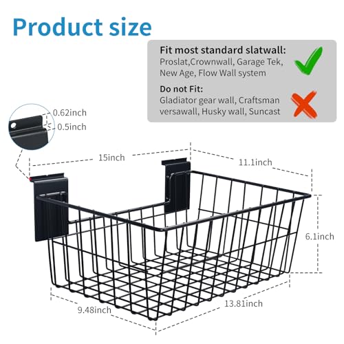 PYBTOOL Slatwall Baskets, 15-Inch Width Heavy Duty Steel Wire Slat Wall Hanging Basket - Versatile Slatwall Accessory for Retail, Garage, Office, Sports, Toys, and More (5 Pack)