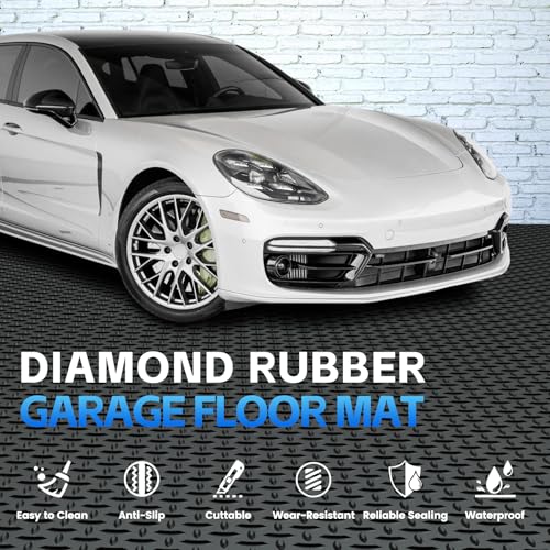 StellarStar 10x20 FT Garage Floor Mat, 2.8mm Thickened PVC Flooring Roll for Under Car, 200 SQFT Diamond Plate Black Garage Mats for Garage, Warehouse, Basement, Factory, Trailer (Include Tapes)