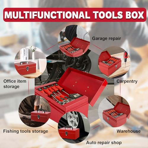 P.I.T. 12 Inch Tool Box,Portable Small Steel ToolBox with Metal Latch Closure for Household, Warehouse,Tools Storage,Red