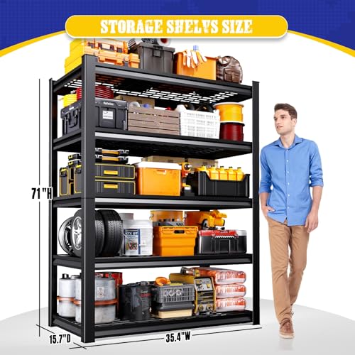 AOAORGG 71" H Garage Shelving 5-Tier Heavy Duty Storage Shelves, Tool-Free Adjustable Metal Shelf Unit, Utility Organizer Rack for Basement, Pantry, Kitchen, Warehouse, 15.7" Dx35.4 Wx71 H, Black