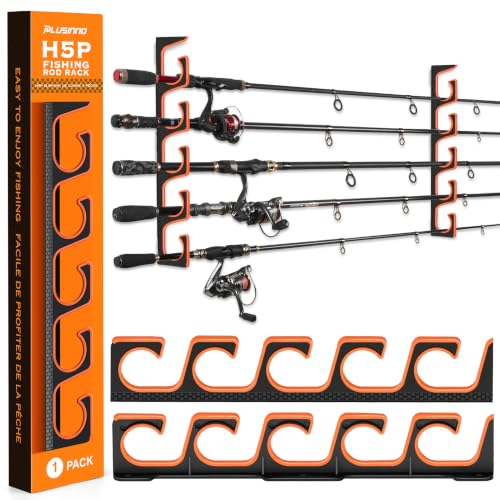 PLUSINNO H5P Fishing Rod/Pole Holders for Garage, Fishing Rod Holder Ceiling or Wall Mounted Rod Rack, Fishing Gear Equipment Storage Organizer Holds up to 5 Rods or Combos or Nets