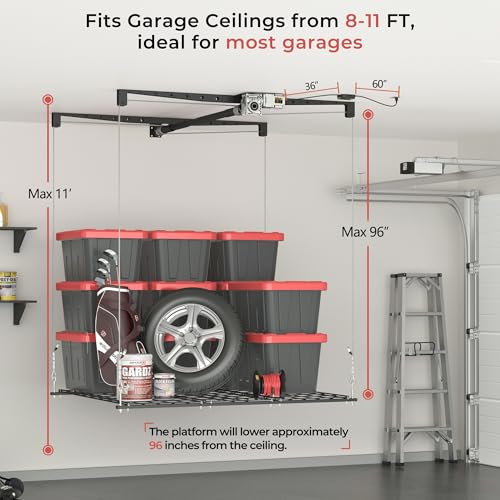 KOKORACKER Motorized Garage Ceiling Storage Racks with Remote Control, 4x4 FT Overhead Garage Storage Rack, Heavy-Duty Lift Storage System, Space-Saving Hanging Shelves, 250 Lbs Capacity